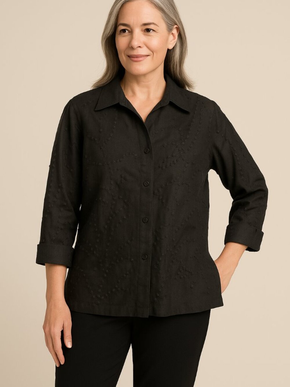 Jones New York Signature Black Linen Textured Shirt (Petite P/M)